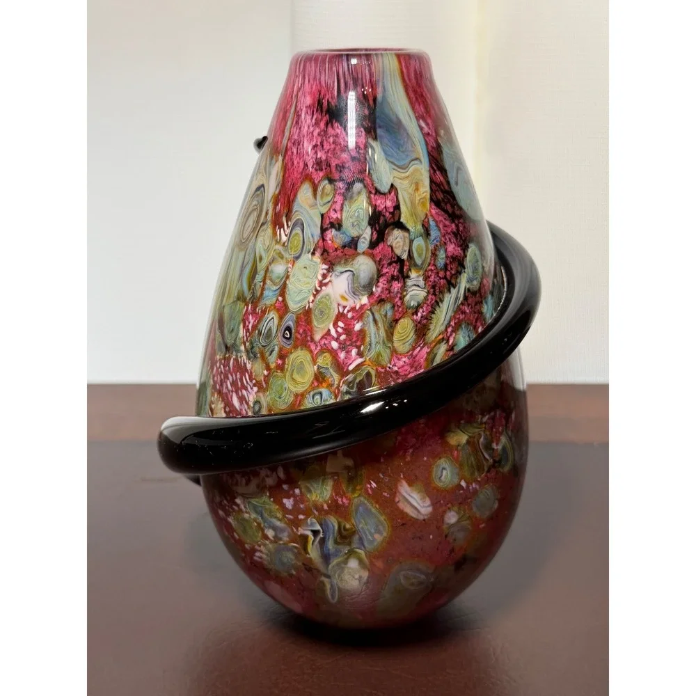 Robert Eickholdt 2000 Signed Studio Art Glass Vase Dichroic Black Wrap Sculpture